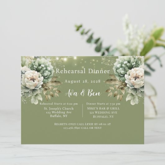 緑の白い牡丹ライト追加フォトリハーサルディナー 招待状 (スタンド正面)