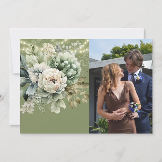 緑の白い牡丹ライト追加フォトリハーサルディナー 招待状 (裏面)