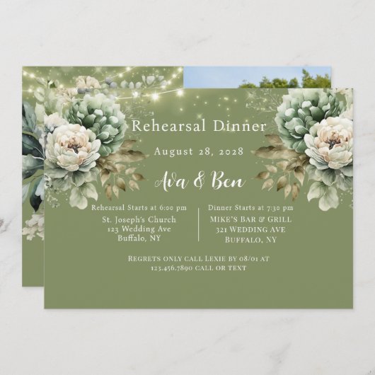 緑の白い牡丹ライト追加フォトリハーサルディナー 招待状 (正面/裏面)