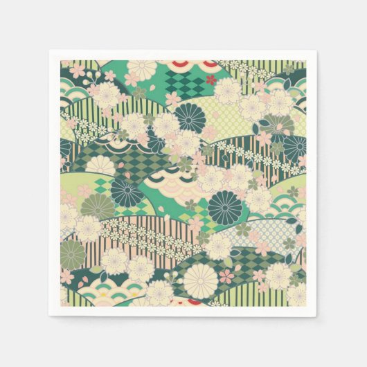緑の白い着物日本のフローラの切り離し紙 スタンダードカクテルナプキン (正面)