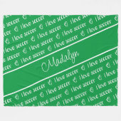 緑の白い私はサッカーの文字パターンが大好き フリースブランケット (正面(横))