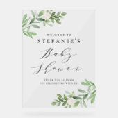緑の白い花灰色の赤ちゃんシャワーへようこそ アクリルサイン (正面)