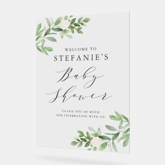 緑の白い花灰色の赤ちゃんシャワーへようこそ アクリルサイン (傾斜)