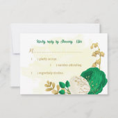 緑の白い花金ゴールド植物結婚式RSVP ca 出欠カード (正面)