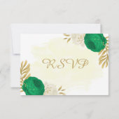 緑の白い花金ゴールド植物結婚式RSVP ca 出欠カード (裏面)