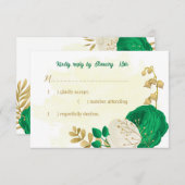緑の白い花金ゴールド植物結婚式RSVP ca 出欠カード (正面/裏面)
