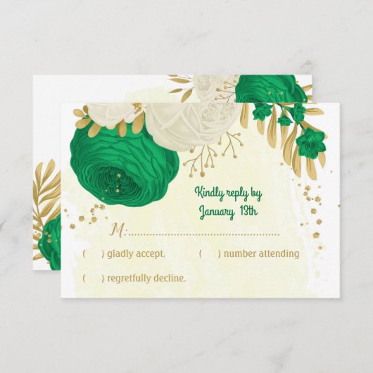 緑の白い花金ゴールド結婚植物 出欠カード (正面/裏面)