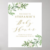 緑の白い花金ゴールド赤ちゃんシャワー歓迎 ポスター (正面)