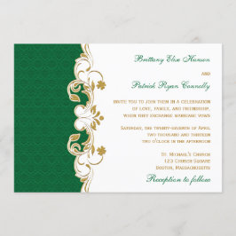 緑の白い金ゴールド巻物、Shamrocks Weding Invite 招待状