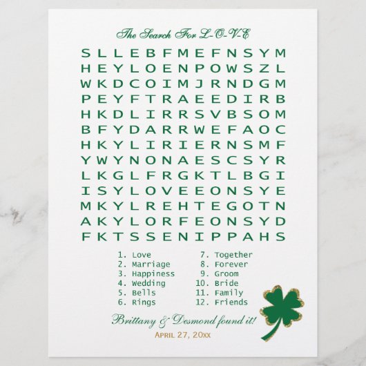 緑の白い金ゴールド「愛を探す」言葉検索ゲーム (正面)