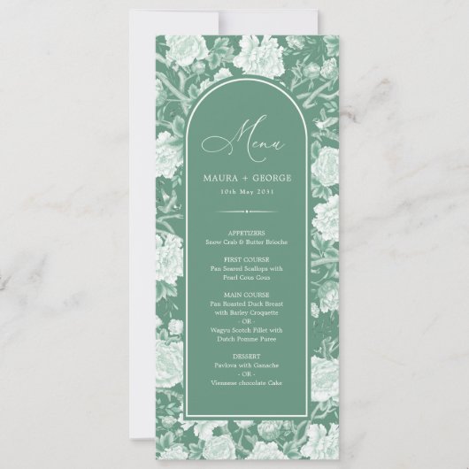 緑の白い陳腐なフローラ磁器メニューカード 招待状 (正面)