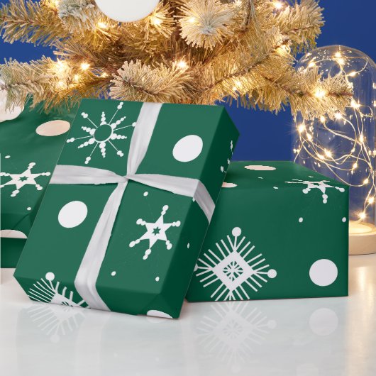 緑の白い雪片パターン ラッピングペーパー (クリスマス)