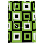 緑の白い黒い正方形の幾何学的 ミディアムペーパーバッグ (正面)