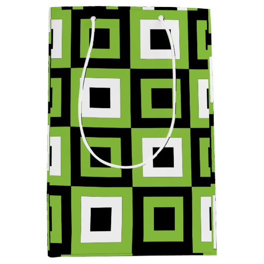 緑の白い黒い正方形の幾何学的 ミディアムペーパーバッグ (正面)