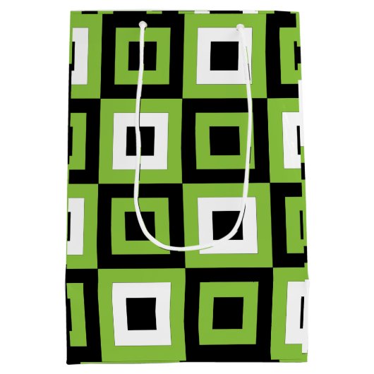 緑の白い黒い正方形の幾何学的 ミディアムペーパーバッグ (裏面)