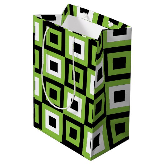 緑の白い黒い正方形の幾何学的 ミディアムペーパーバッグ (裏面アングル)