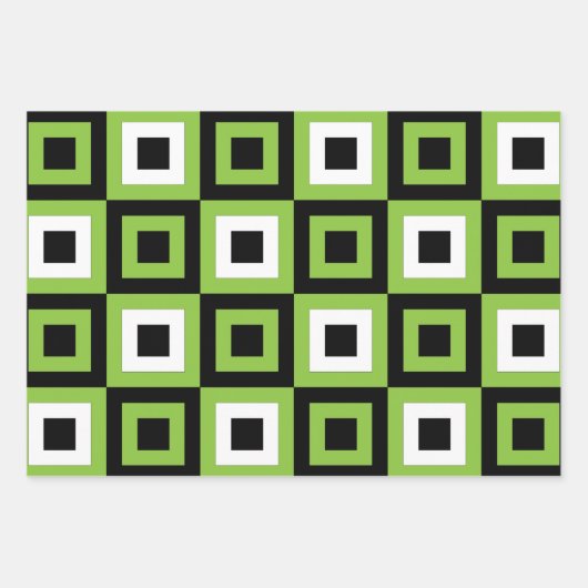 緑の白い黒い正方形の幾何学的 ラッピングペーパーシート (正面2)