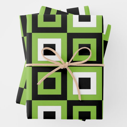 緑の白い黒い正方形の幾何学的 ラッピングペーパーシート (インサイチュ)