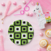 緑の白い黒の正方形ジオメトリパターンパーティー ペーパープレート (パーティー)