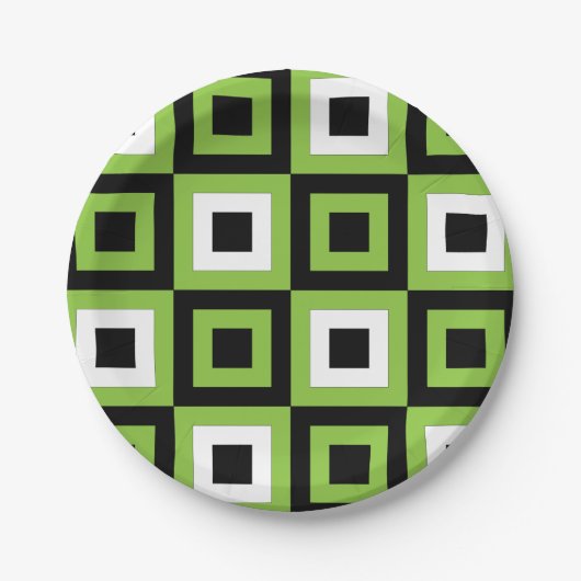 緑の白い黒の正方形ジオメトリパターンパーティー ペーパープレート (正面)