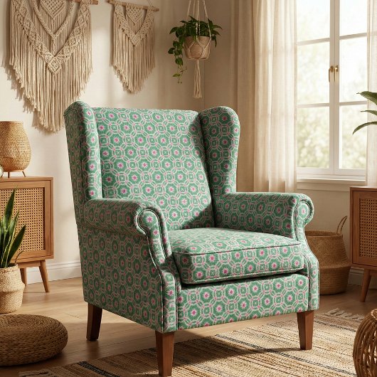 緑の白とピンクのモロッコの幾何学的パターン ファブリック