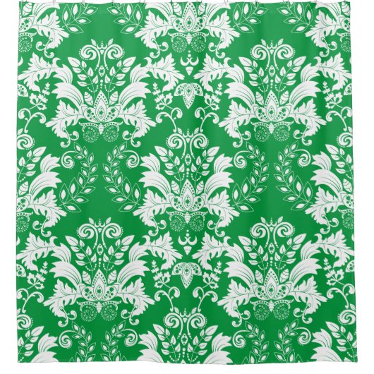 緑の白のフローラのマスクのパターン シャワーカーテン (正面)