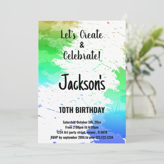 緑の白の色の絵を描誕生日招待状 招待状 (スタンド正面)