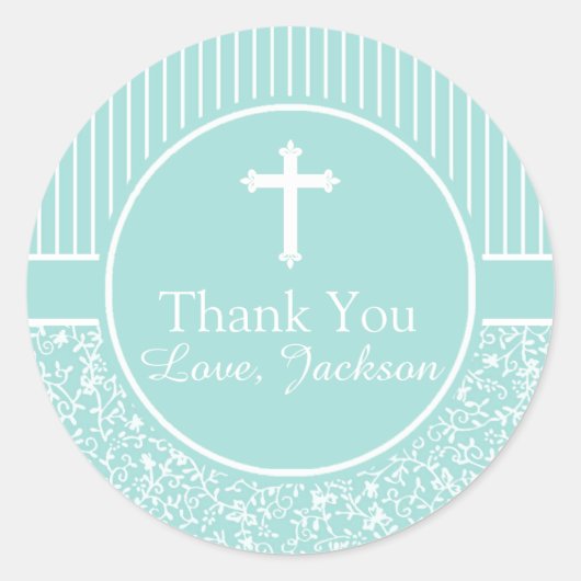 緑の白ストライプフローラクロス感謝の少年 ラウンドシール (正面)