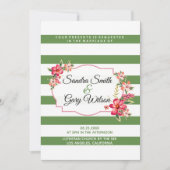 緑の白ストライプ色のとカラフルブーケ結婚の 招待状 (正面)