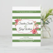 緑の白ストライプ色のとカラフルブーケ結婚の 招待状 (スタンド正面)