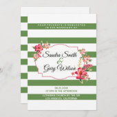 緑の白ストライプ色のとカラフルブーケ結婚の 招待状 (正面/裏面)