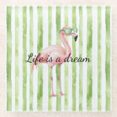 緑の白ストライプ色のフラミンゴ ガラスコースター (正面)