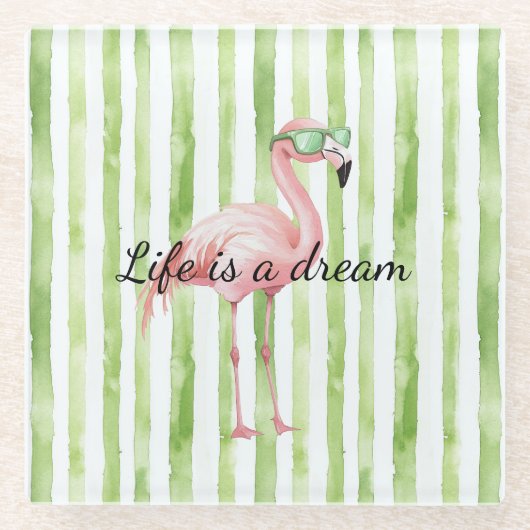 緑の白ストライプ色のフラミンゴ ガラスコースター (正面)