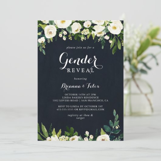 緑の白フローラ王室の青の性別の表示パーティー 招待状 (スタンド正面)