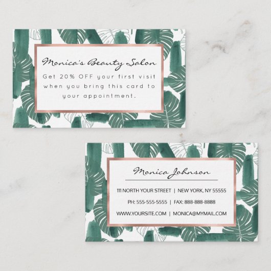 緑の白モダンいモンステラ葉の筆跡 割引カード (正面/裏面)