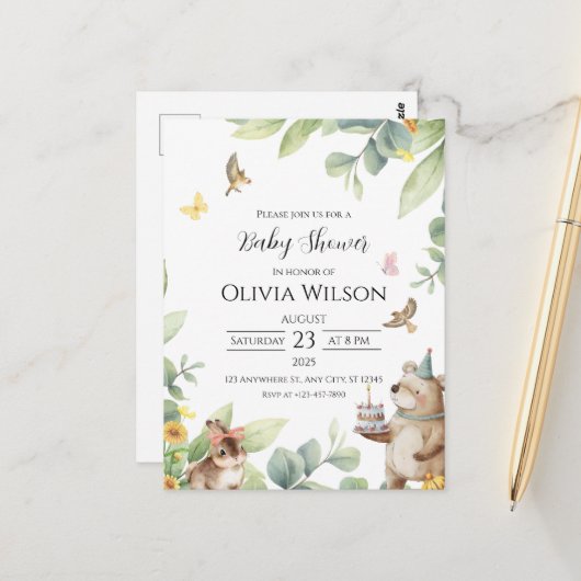 緑の白図解入りの、写真付きの鳥赤ちゃんシャワーハガキ ポストカード (正面/裏面インサイチュ)