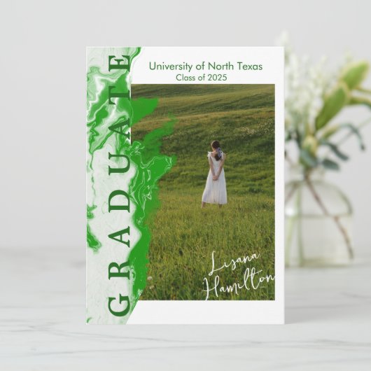 緑の白大理石卒業発表カード 招待状 (スタンド正面)