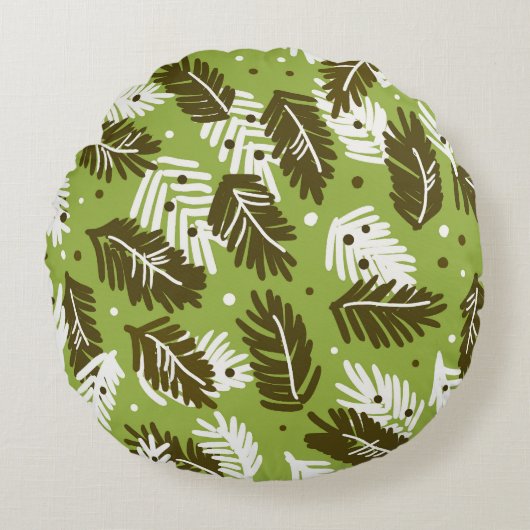 緑の白葉い：針葉樹パターン ラウンドクッション (正面)