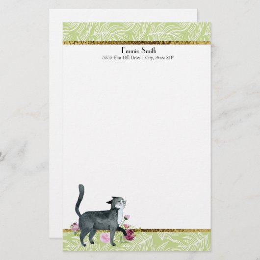 緑の白葉猫と金ゴールドグレー猫の文房具 便箋 (正面/裏面)