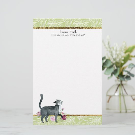 緑の白葉猫と金ゴールドグレー猫の文房具 便箋 (スタンド正面)