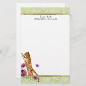 緑の白葉色のオレンジキャットパープルの花 便箋 (正面/裏面)