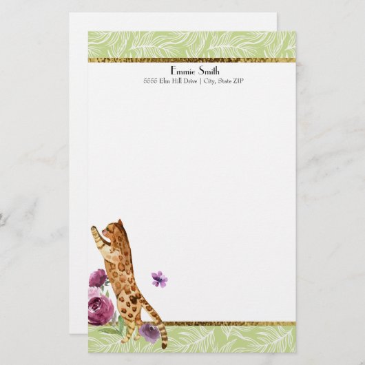 緑の白葉色のオレンジキャットパープルの花 便箋 (正面/裏面)