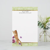 緑の白葉色のオレンジキャットパープルの花 便箋 (スタンド正面)