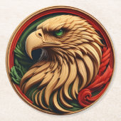 緑の目が印象的な鷹 ラウンドペーパーコースター (正面)