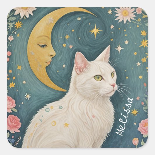 緑の目で魅惑の白猫 スクエアシール (正面)