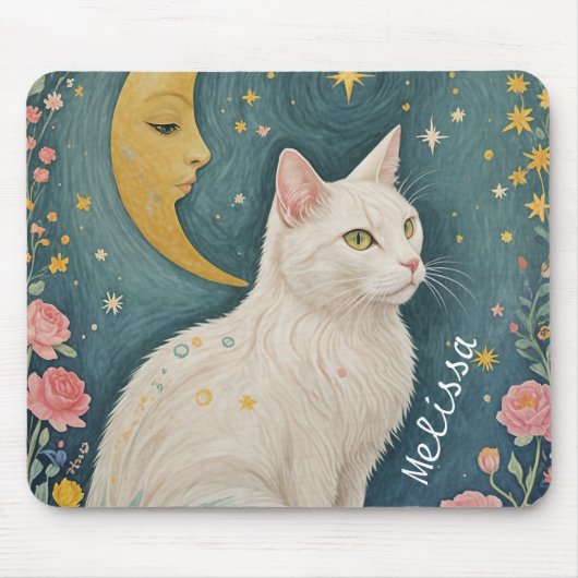 緑の目で魅惑の白猫 マウスパッド (正面)