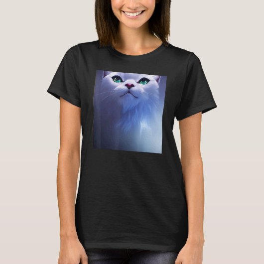 緑の目の愛らしいふわふわ白猫 Tシャツ (正面)
