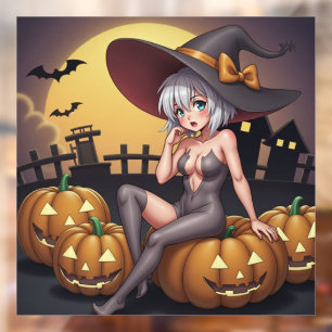 緑の目をしたハロウィンの魔女が、ジャック・オ・ランタンの上に ウィンドウサイン