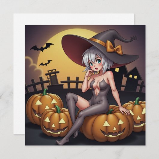 緑の目をしたハロウィンの魔女が、ジャック・オ・ランタンの上に シーズンカード (正面/裏面)