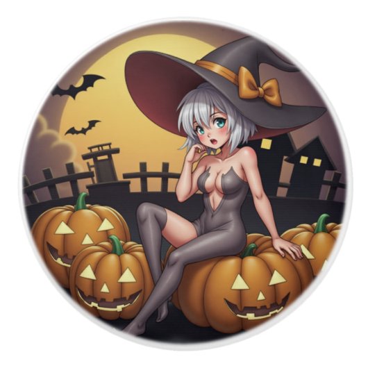 緑の目をしたハロウィンの魔女が、ジャック・オ・ランタンの上に セラミックノブ (正面)